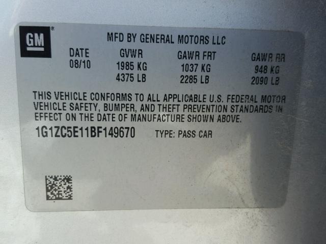 1G1ZC5E11BF149670 - 2011 CHEVROLET MALIBU 1LT SILVER photo 10