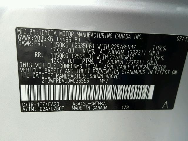 2T3WFREV0DW036595 - 2013 TOYOTA RAV4 XLE SILVER photo 10