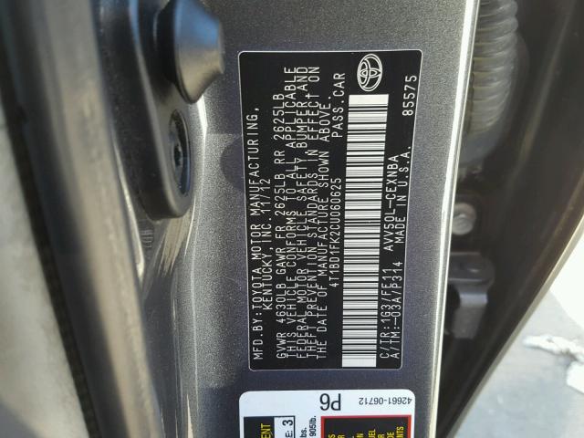 4T1BD1FK2CU060625 - 2012 TOYOTA CAMRY HYBR GRAY photo 10