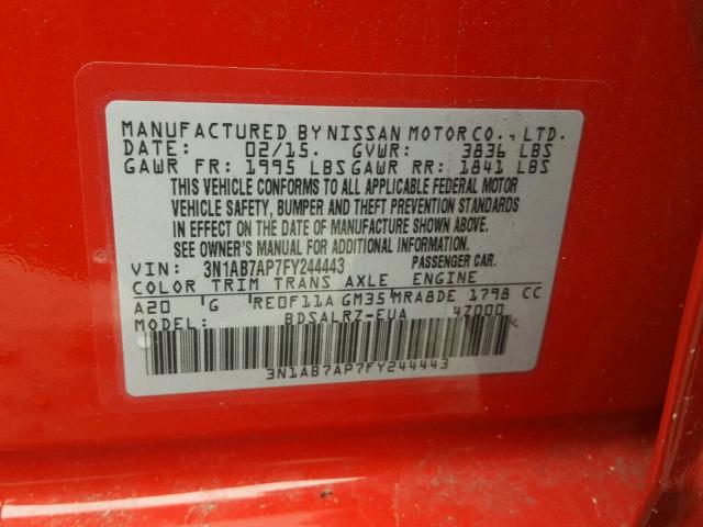 3N1AB7AP7FY244443 - 2015 NISSAN SENTRA S RED photo 10