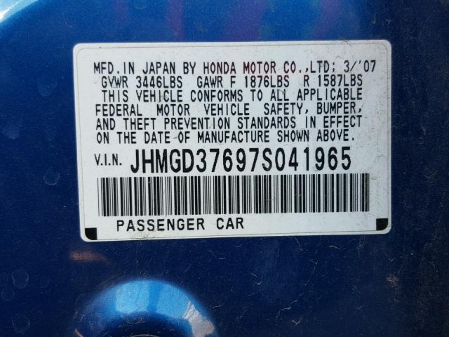 JHMGD37697S041965 - 2007 HONDA FIT S BLUE photo 10