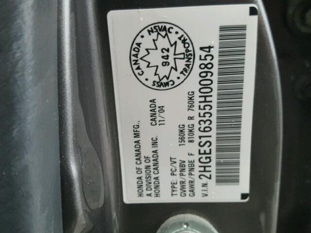 2HGES16355H009854 - 2005 HONDA CIVIC DX V GRAY photo 10