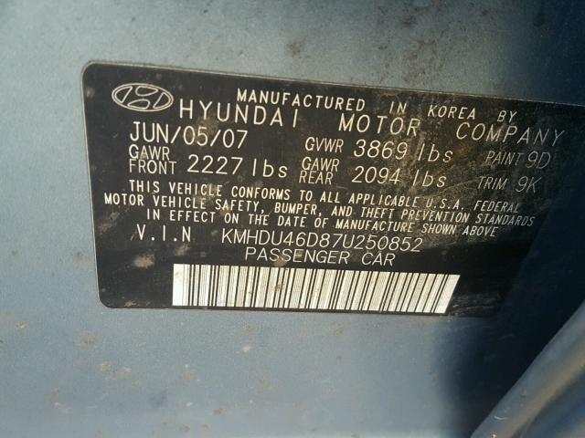 KMHDU46D87U250852 - 2007 HYUNDAI ELANTRA GL BLUE photo 10