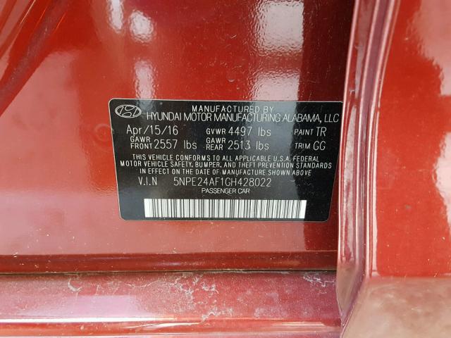 5NPE24AF1GH428022 - 2016 HYUNDAI SONATA SE RED photo 10