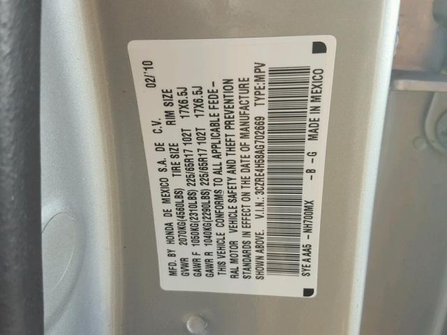 3CZRE4H58AG702669 - 2010 HONDA CR-V EX SILVER photo 10