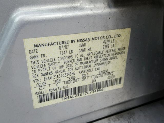 1N4AL21E57C234666 - 2007 NISSAN ALTIMA 2.5 SILVER photo 10