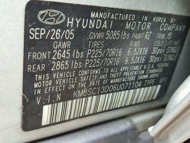 KM8SC13D06U071104 - 2006 HYUNDAI SANTA FE SILVER photo 10