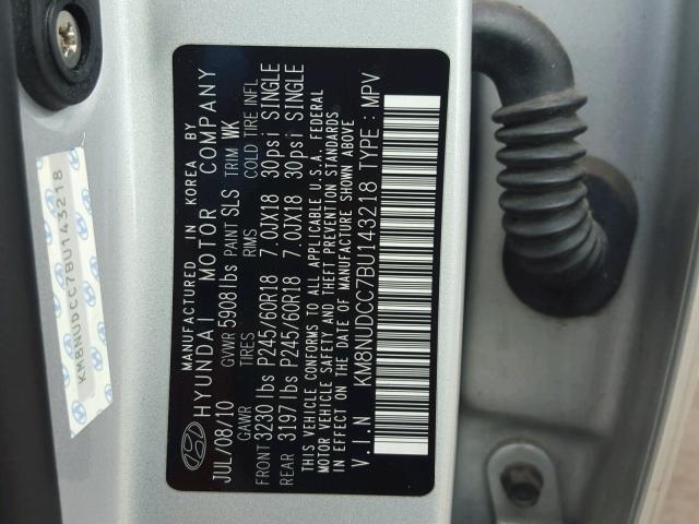 KM8NUDCC7BU143218 - 2011 HYUNDAI VERACRUZ SILVER photo 10