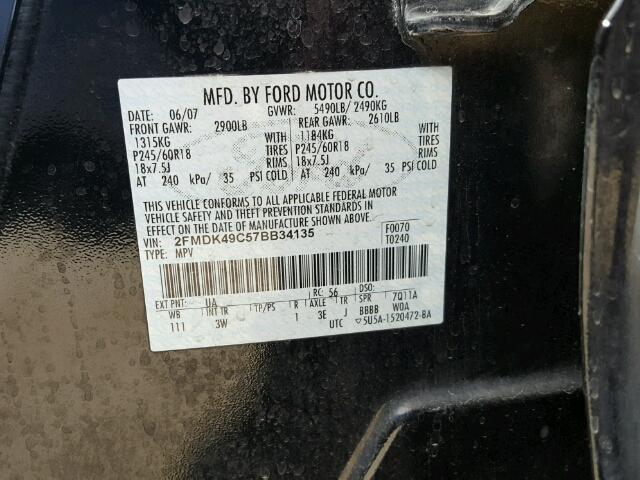 2FMDK49C57BB34135 - 2007 FORD EDGE SEL P BLACK photo 10