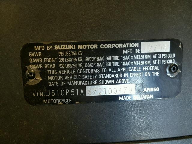 JS1CP51A872100479 - 2007 SUZUKI AN650 WHITE photo 10