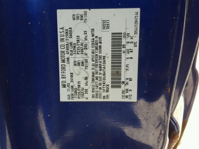 1FTYR10U84TA10698 - 2004 FORD RANGER BLUE photo 10