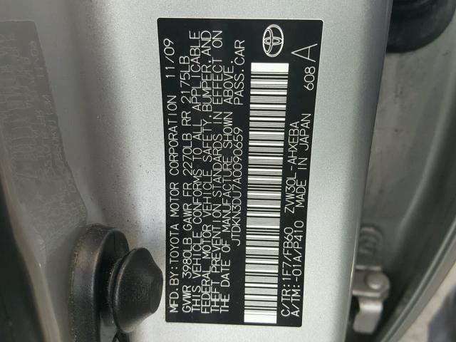 JTDKN3DU7A0090659 - 2010 TOYOTA PRIUS SILVER photo 10