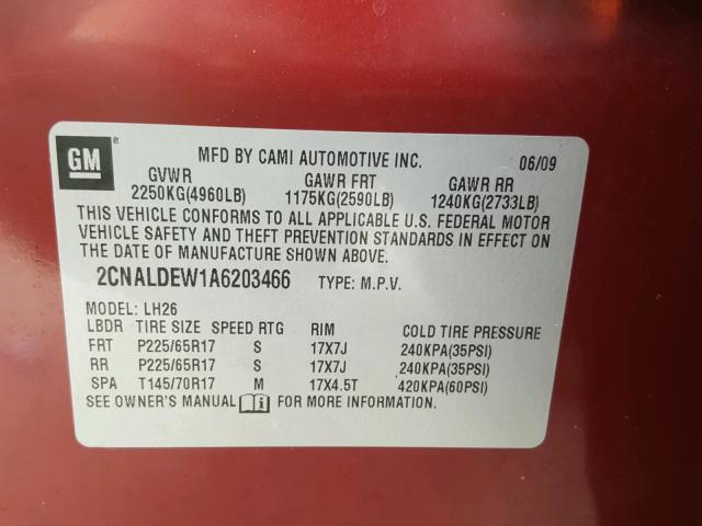 2CNALDEW1A6203466 - 2010 CHEVROLET EQUINOX LT BURGUNDY photo 10