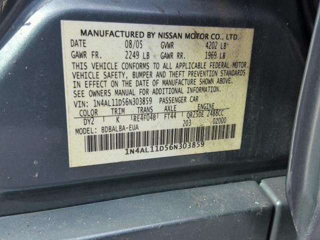 1N4AL11D56N303859 - 2006 NISSAN ALTIMA S GREEN photo 10