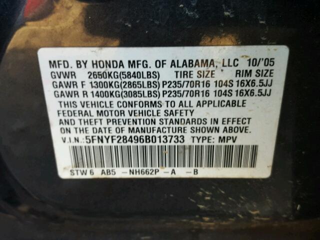 5FNYF28496B013733 - 2006 HONDA PILOT EX CHARCOAL photo 10