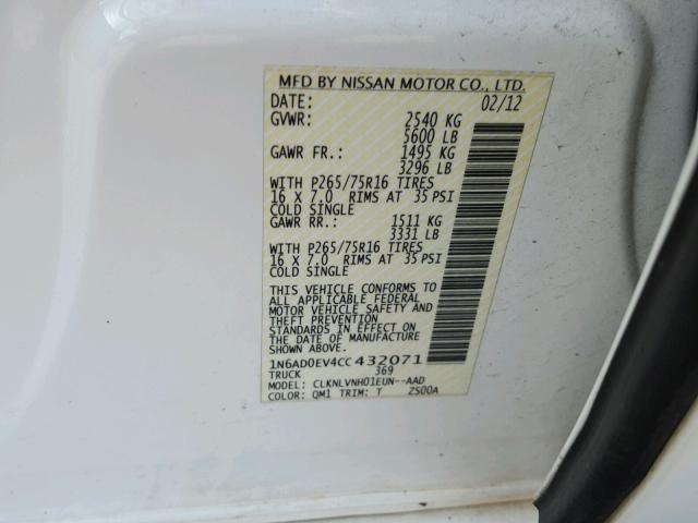 1N6AD0EV4CC432071 - 2012 NISSAN FRONTIER S WHITE photo 10