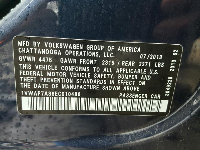 1VWAP7A36EC010486 - 2014 VOLKSWAGEN PASSAT S ლურჯი ფოტო 10