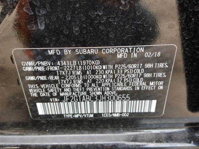 JF2GTABC3JH300655 - 2018 SUBARU CROSSTREK BLACK photo 10