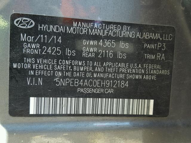 5NPEB4AC0EH912184 - 2014 HYUNDAI SONATA GLS GRAY photo 10