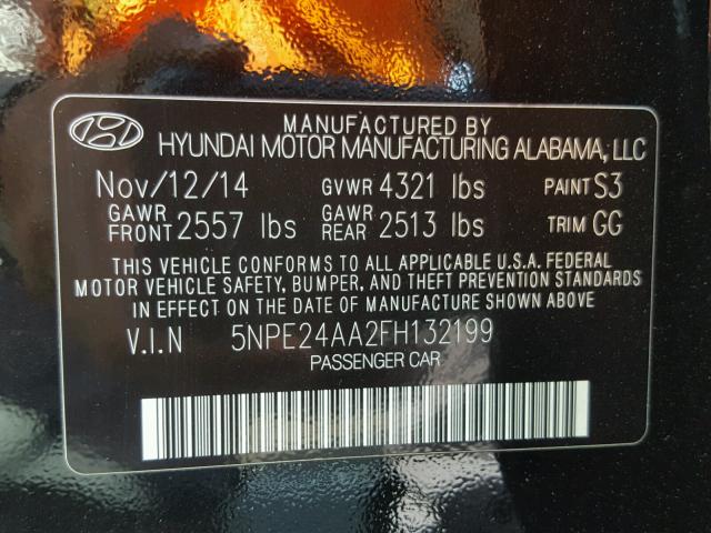 5NPE24AA2FH132199 - 2015 HYUNDAI SONATA ECO BLACK photo 10