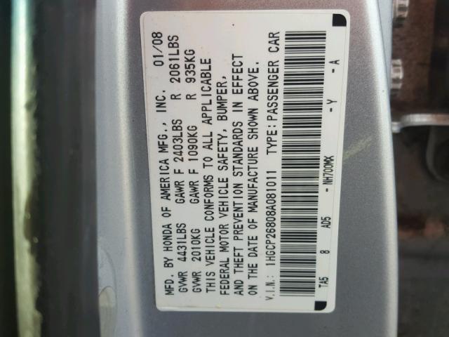 1HGCP26808A081011 - 2008 HONDA ACCORD EXL Gümüş foto 10