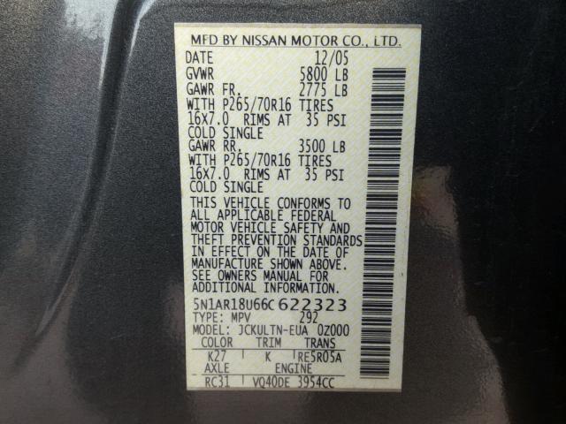 5N1AR18U66C622323 - 2006 NISSAN PATHFINDER GRAY photo 10