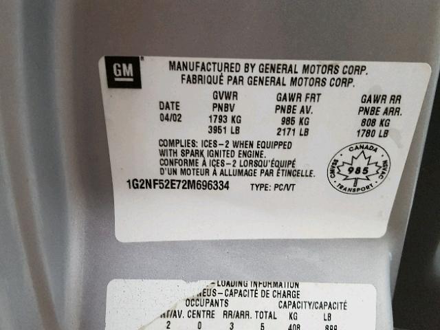 1G2NF52E72M696334 - 2002 PONTIAC GRAND AM S SILVER photo 10