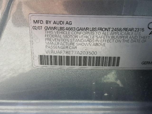 WAUAF78E77A203500 - 2007 AUDI A4 2 GRAY photo 10