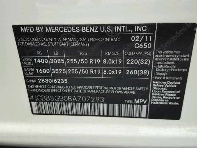 4JGBB8GB0BA707293 - 2011 MERCEDES-BENZ ML 350 4MA WHITE photo 10