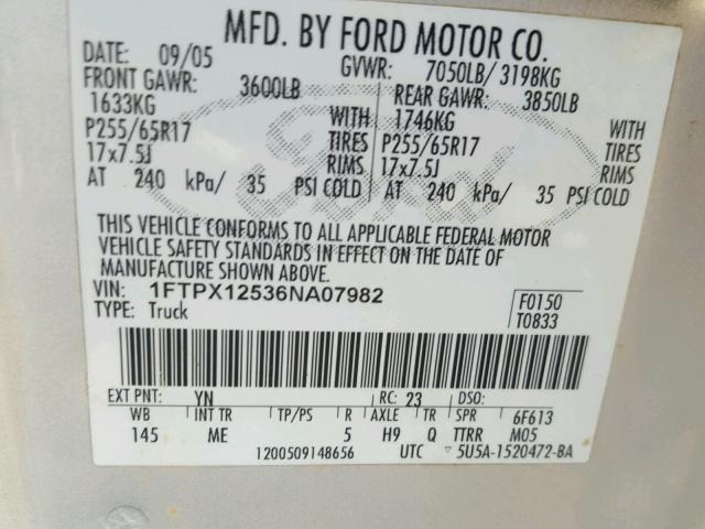 1FTPX12536NA07982 - 2006 FORD F150 SILVER photo 10