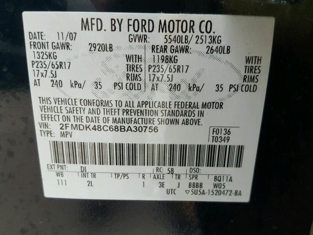 2FMDK48C68BA30756 - 2008 FORD EDGE SEL BLUE photo 10