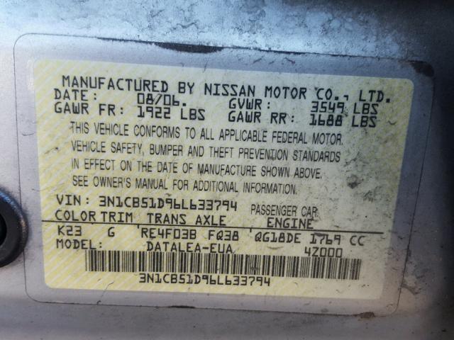 3N1CB51D96L633794 - 2006 NISSAN SENTRA 1.8 SILVER photo 10