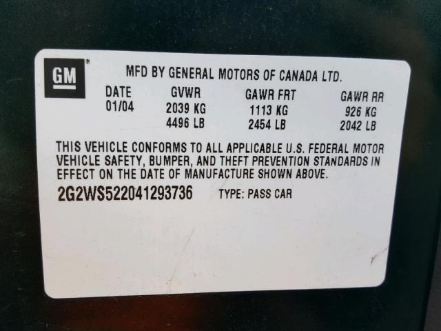 2G2WS522041293736 - 2004 PONTIAC GRAND PRIX მწვანე ფოტო 10