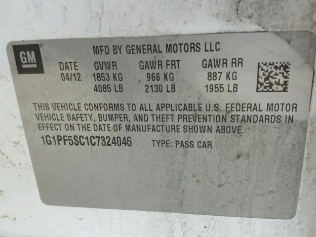 1G1PF5SC1C7324046 - 2012 CHEVROLET CRUZE LT WHITE photo 10