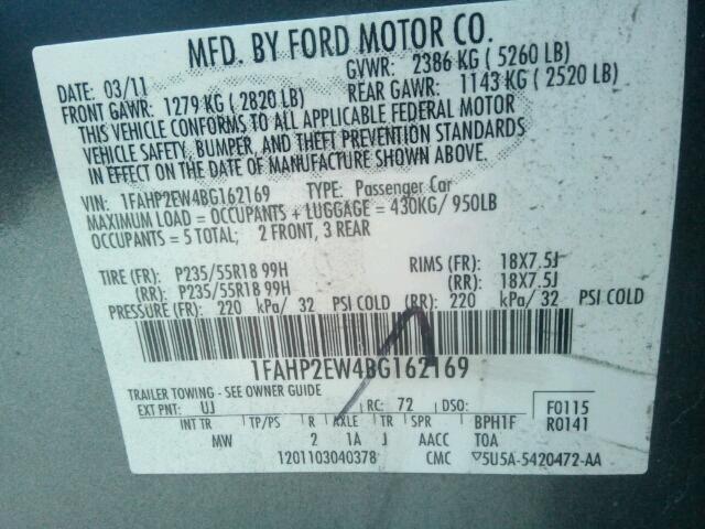 1FAHP2EW4BG162169 - 2011 FORD TAURUS SEL GRAY photo 10