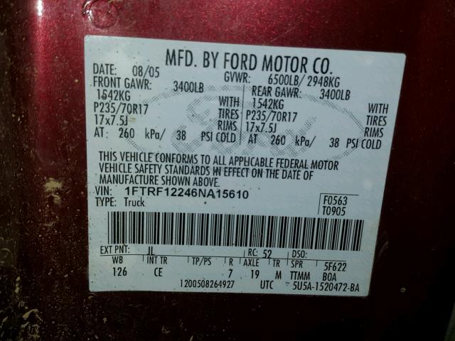 1FTRF12246NA15610 - 2006 FORD F150 MAROON photo 10