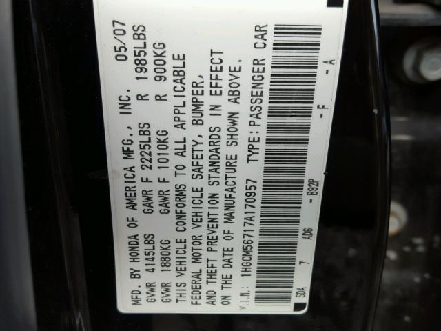 1HGCM56717A170957 - 2007 HONDA ACCORD BLACK photo 10