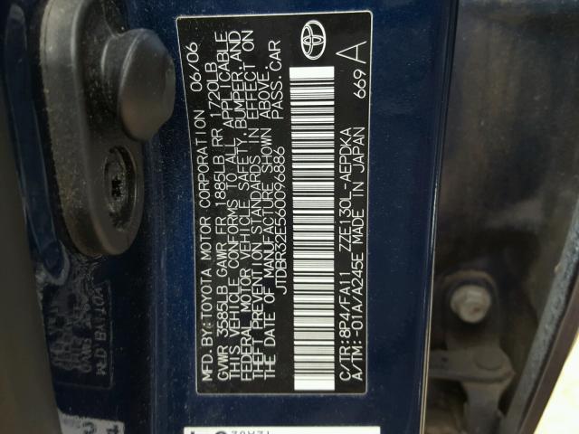 JTDBR32E560096886 - 2006 TOYOTA COROLLA CE BLUE photo 10