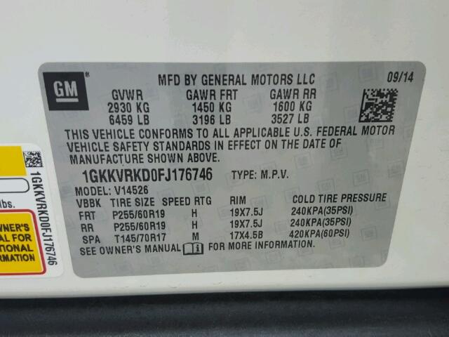 1GKKVRKD0FJ176746 - 2015 GMC ACADIA SLT თეთრი ფოტო 10