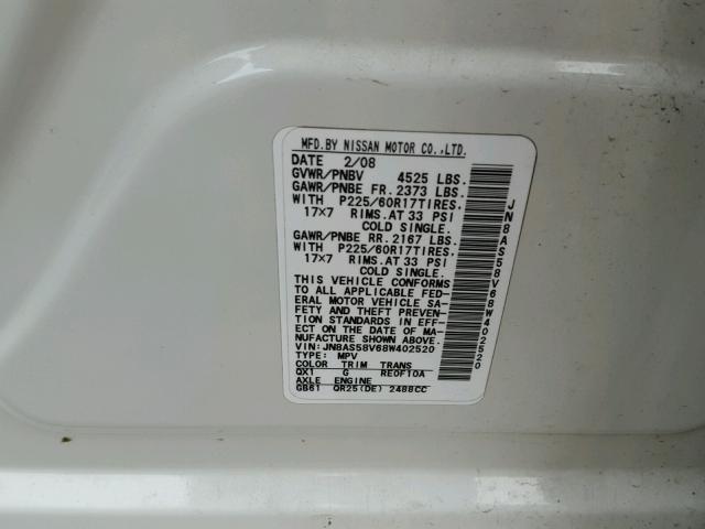 JN8AS58V68W402520 - 2008 NISSAN ROGUE S WHITE photo 10