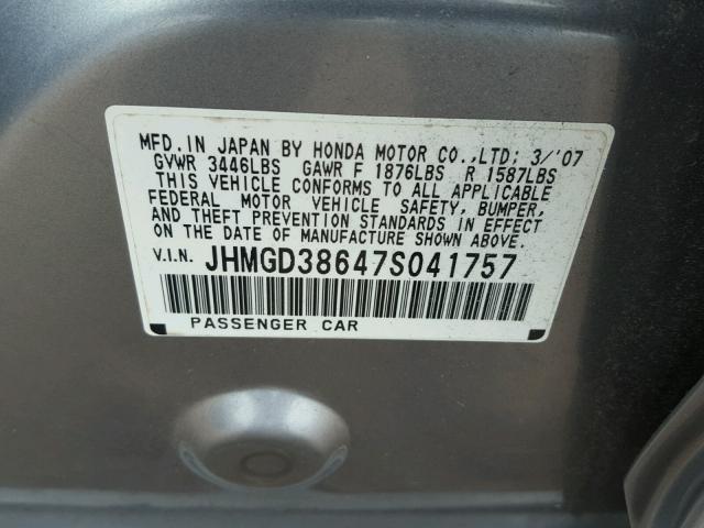 JHMGD38647S041757 - 2007 HONDA FIT S 银色 照片 10