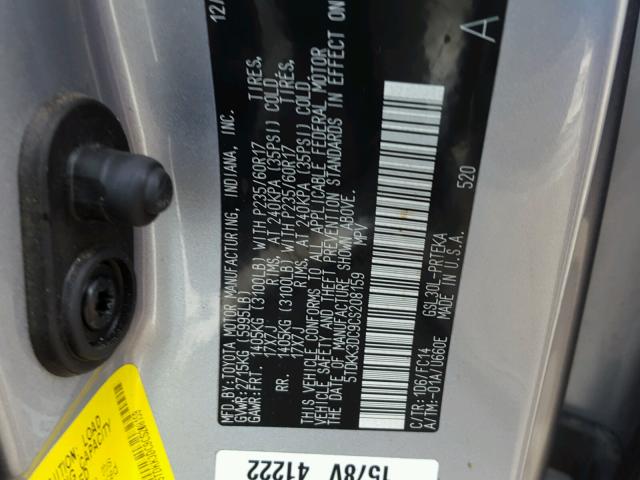 5TDKK3DC9CS208159 - 2012 TOYOTA SIENNA LE SILVER photo 10