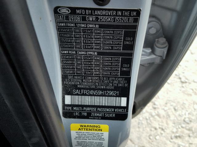 SALFR24N59H129621 - 2009 LAND ROVER LR2 HSE SILVER photo 10