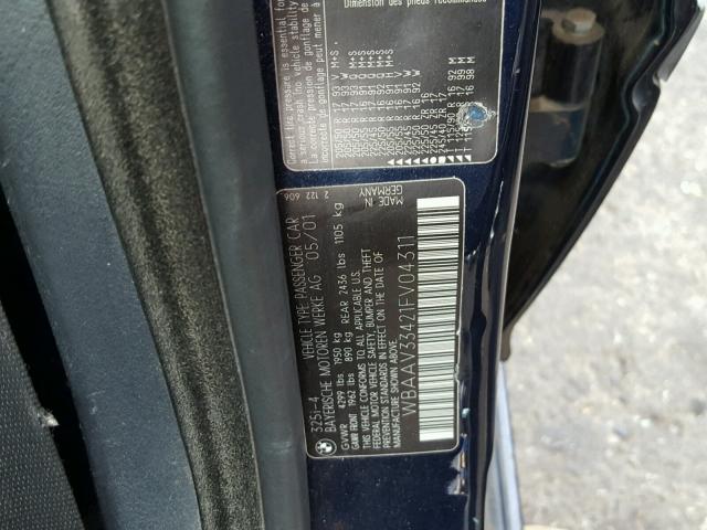 WBAAV33421FV04311 - 2001 BMW 325 I BLUE photo 10