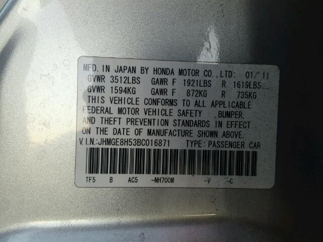 JHMGE8H53BC016871 - 2011 HONDA FIT SPORT SILVER photo 10