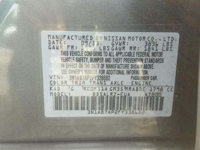 3N1AB7AP2FY338682 - 2015 NISSAN SENTRA S GRAY photo 10