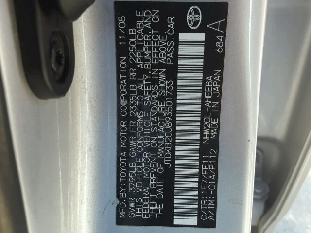 JTDKB20U893501733 - 2009 TOYOTA PRIUS SILVER photo 10