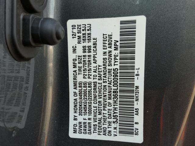 5J6YH1H36BL000905 - 2011 HONDA ELEMENT CHARCOAL photo 10