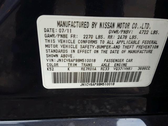 JN1CV6AP9BM510018 - 2011 INFINITI G37 BASE BLUE photo 10