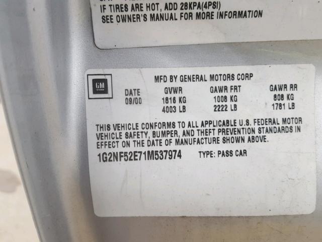 1G2NF52E71M537974 - 2001 PONTIAC GRAND AM S Gümüş foto 10